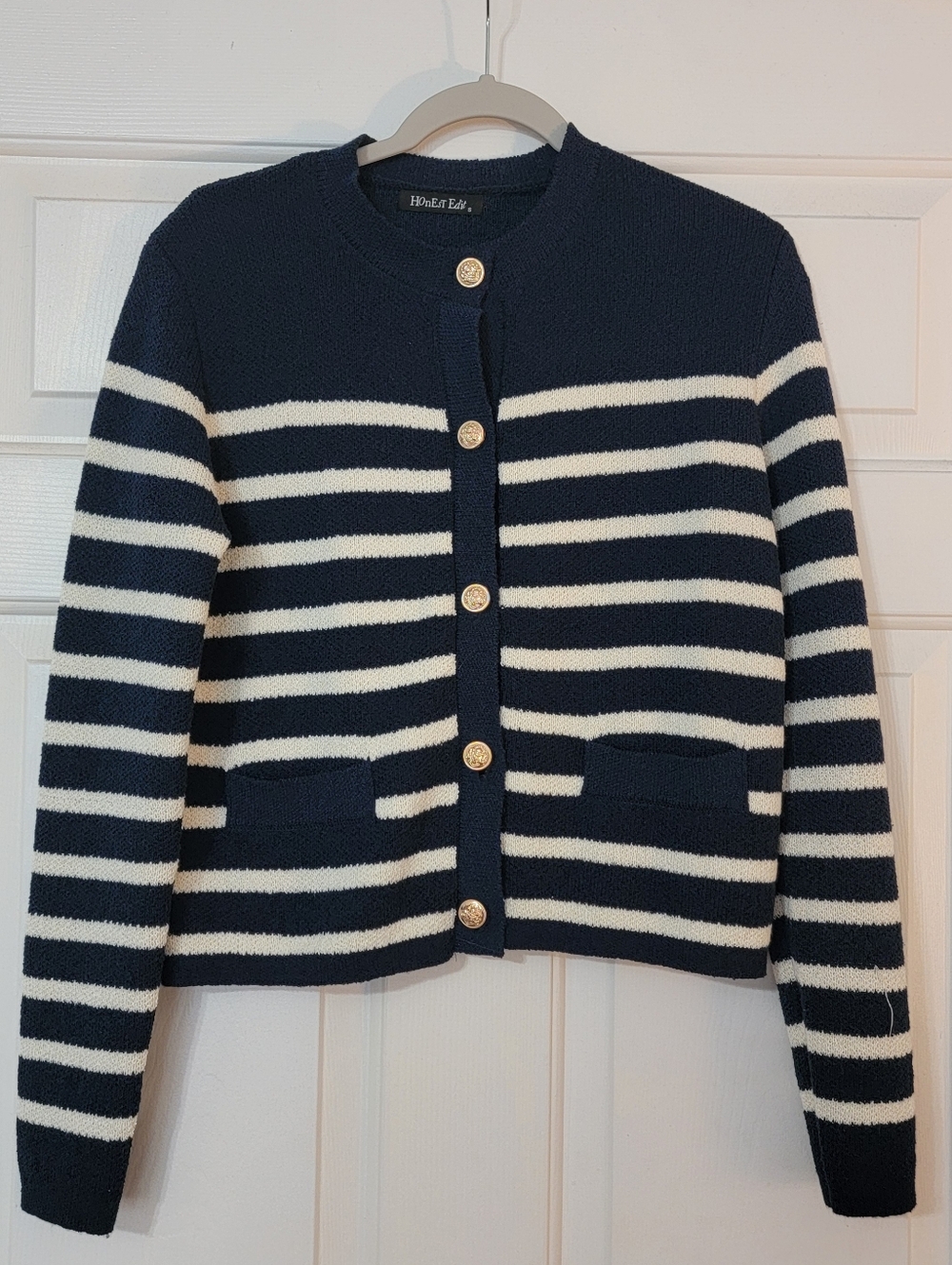 Women's Chic Blue & White Striped Cardigan With Gold Buttons